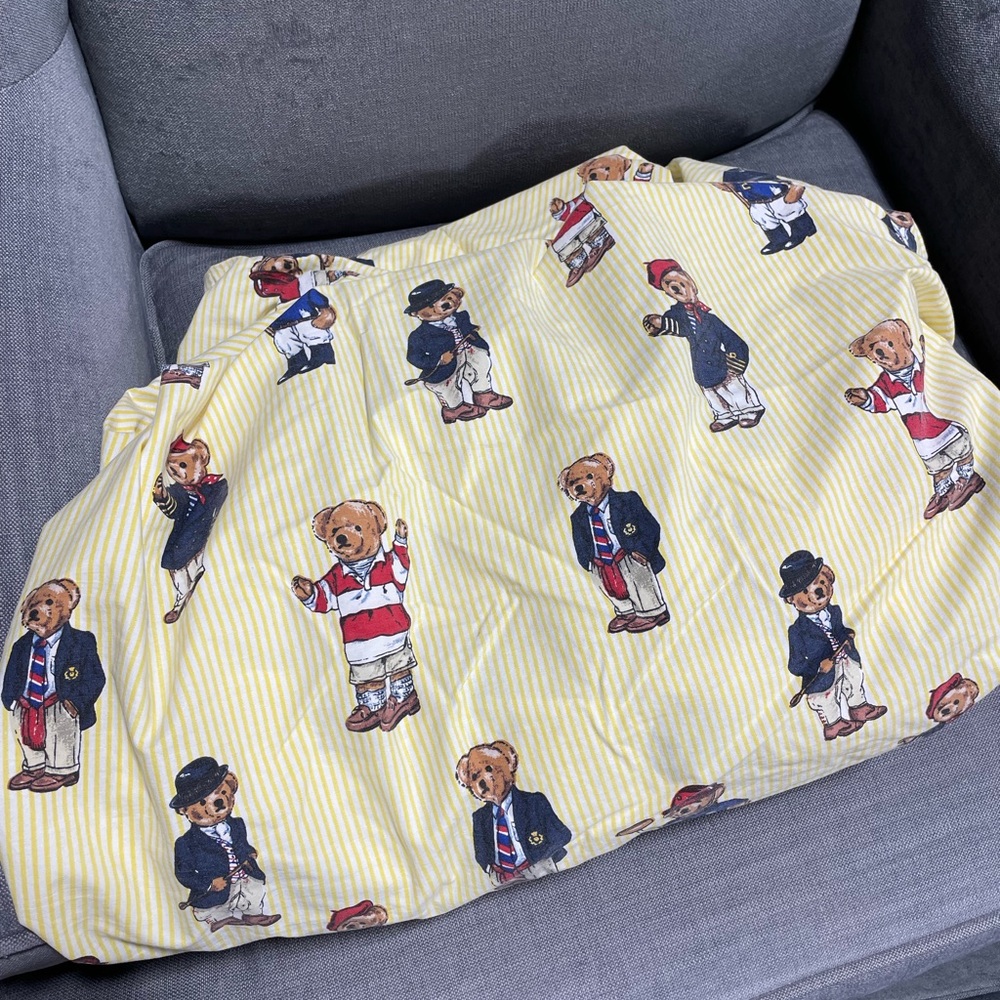 Vintage Ralph Lauren Polo Bear Print Yellow Striped Full Fitted Sheet